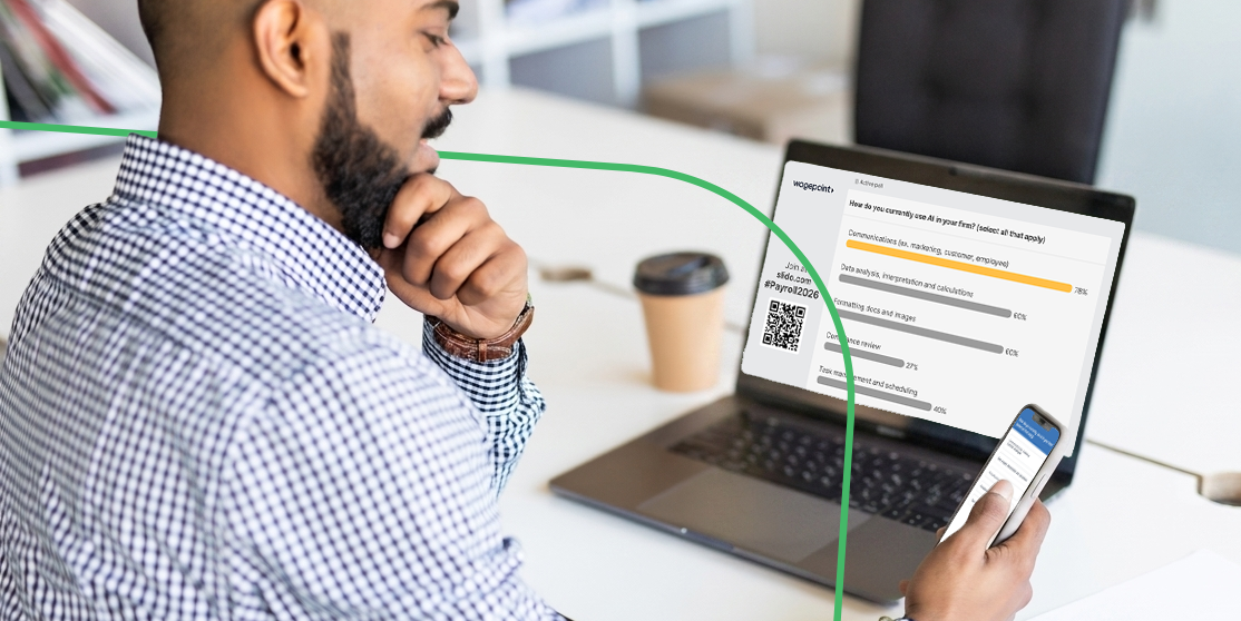A bearded man in a checked shirt looking thoughtfully at a laptop screen showing a Wagepoint survey on how firms currently use AI, with a smartphone in his other hand.